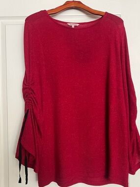 Juicy Couture Red Metallic Thread Long Sleeve Top with Ruched Tie Sleeves